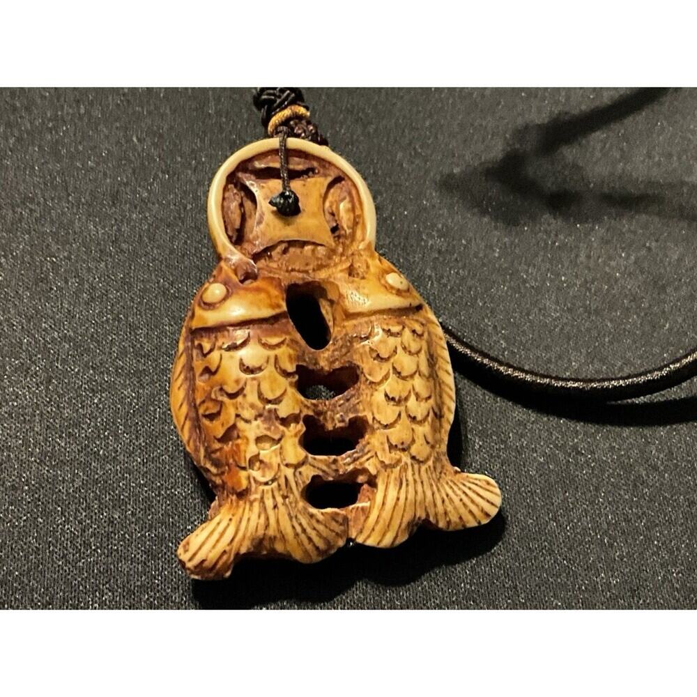 Carved Fish On 13in Cord.  Button Closure Japanese Katabori Pendant 2in